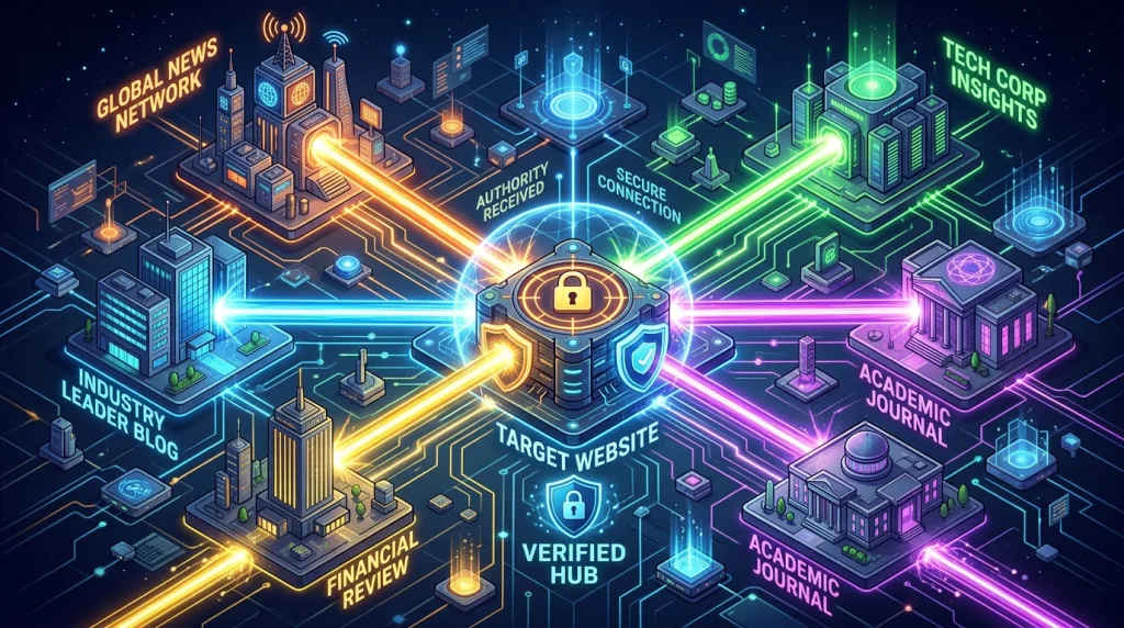 Isometric illustration showing high-quality links pointing from trusted news platforms to a target website