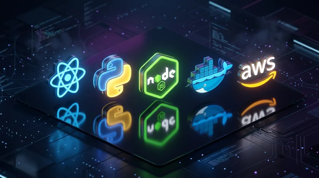 Glowing logos of high-paying web technologies including React, Python, Docker, and AWS.