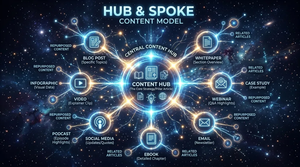 Hub and spoke content model diagram illustrating advanced keyword clustering and semantic mapping.