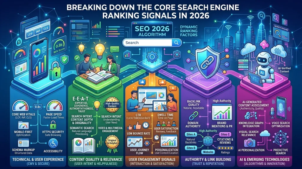 Illustration breaking down the core search engine ranking signals in 2026.