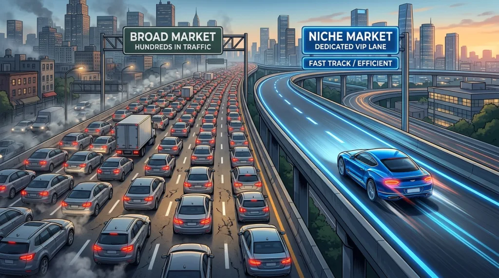 Illustration comparing an overcrowded broad market to a fast-moving, targeted niche market lane.