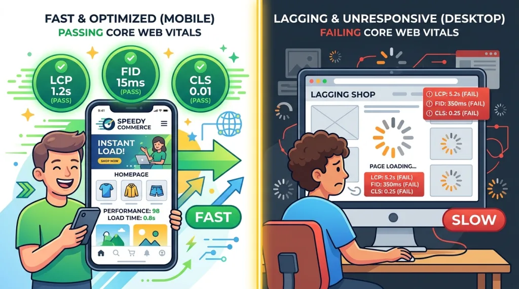 Illustration comparing fast mobile Core Web Vitals performance with a slow loading web page