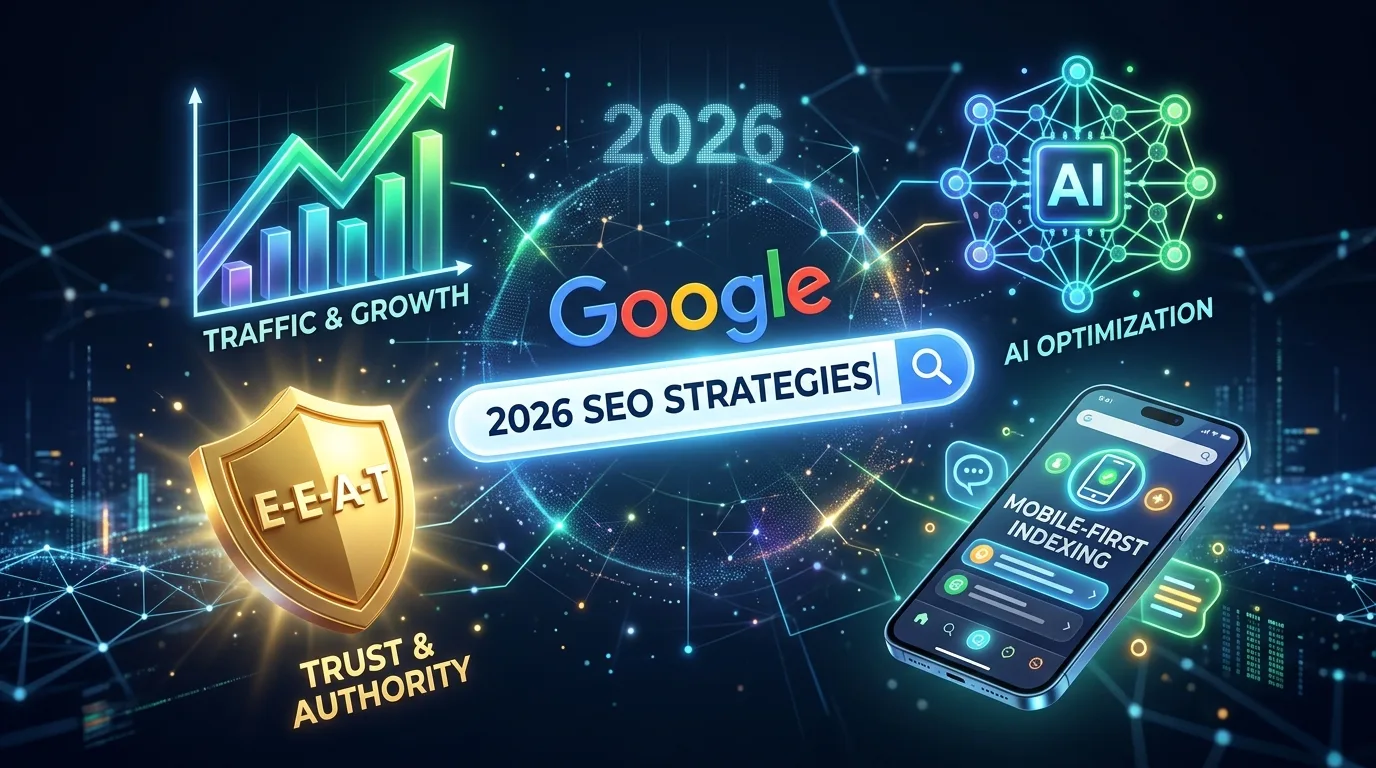 Illustration of Google's 200 ranking factors for SEO in 2026 featuring AI and data icons.