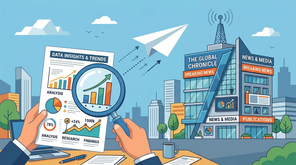 Illustration of data research being sent to news publishers for digital PR campaigns.