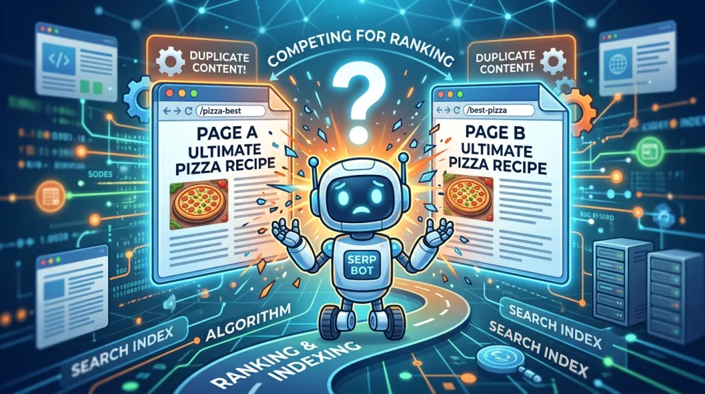 Illustration of keyword cannibalization where two competing web pages confuse a search engine bot.