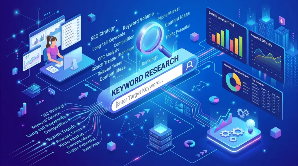 Illustration of keyword research tools and search volume analysis