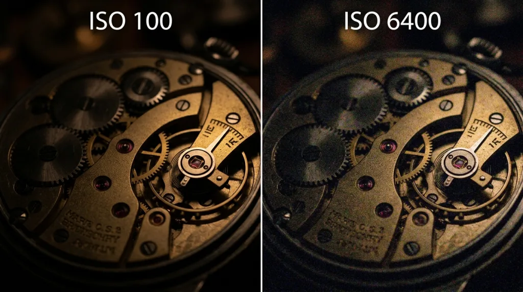 Image quality comparison showing clean ISO 100 versus grainy noisy ISO 6400