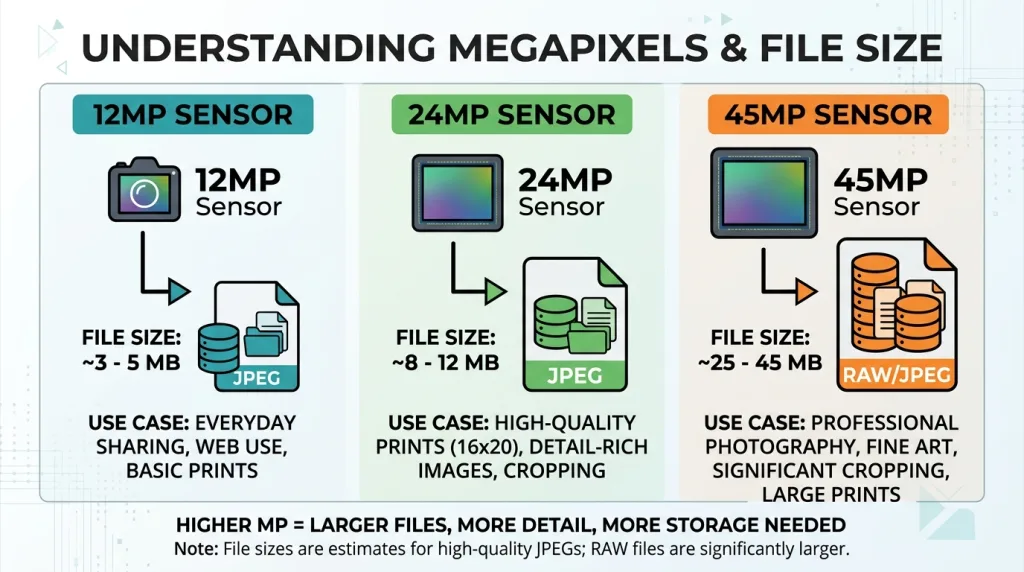 Infographic chart showing how higher camera megapixels increase photo file sizes
