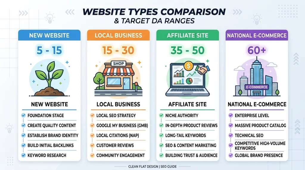 Infographic comparing target Domain Authority scores for new websites, local businesses, affiliate sites, and enterprise brands.