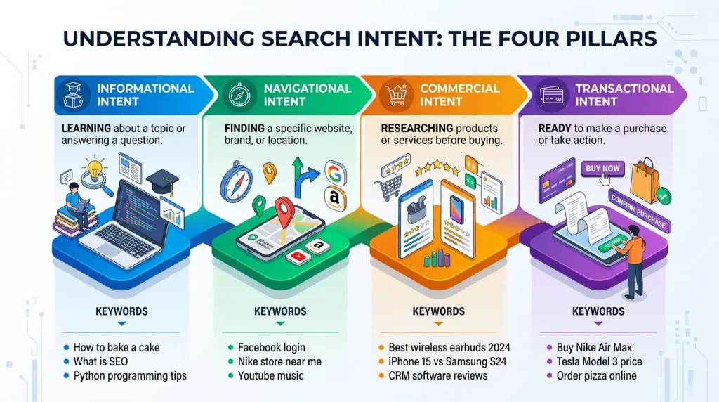 Infographic displaying the four pillars of search intent including informational, navigational, commercial, and transactional.