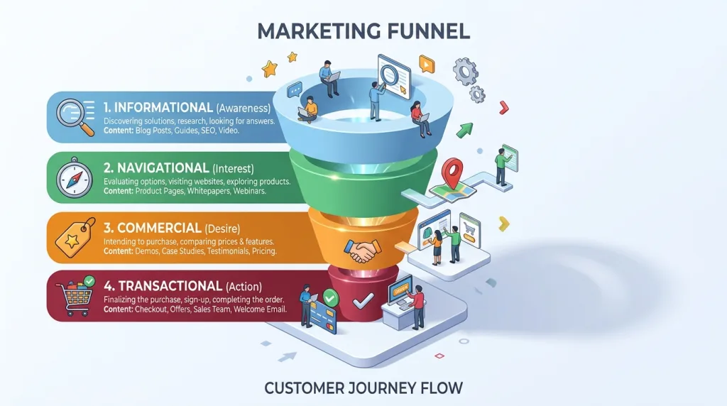 Infographic displaying the four pillars of user search intent informational, navigational, commercial, and transactional.