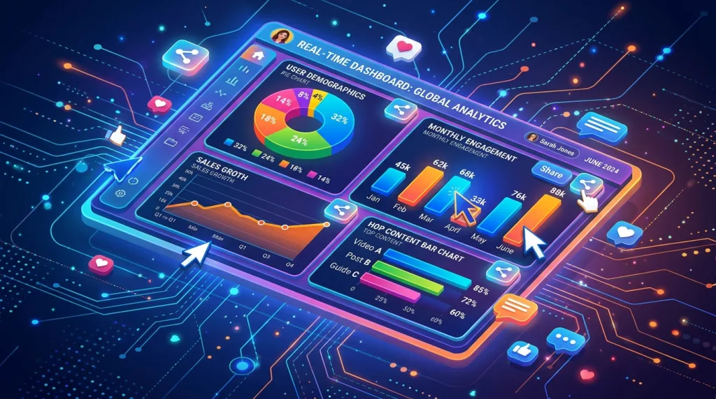Interactive digital dashboard displaying colorful charts and visual data assets.