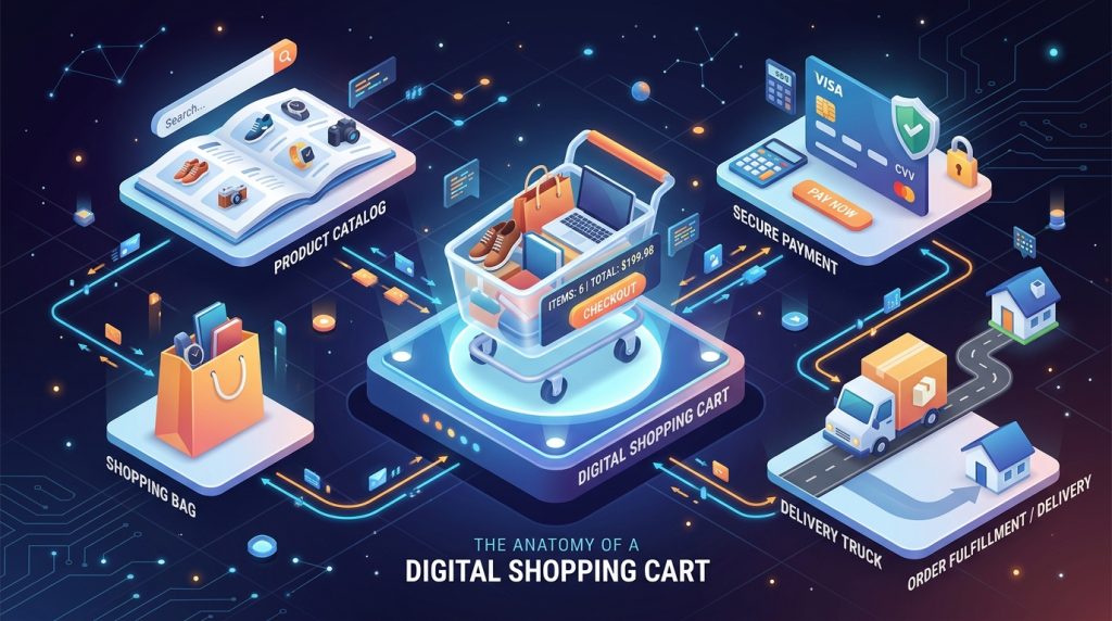 Isometric 3D illustration displaying the connected elements of a digital shopping cart and product catalog.