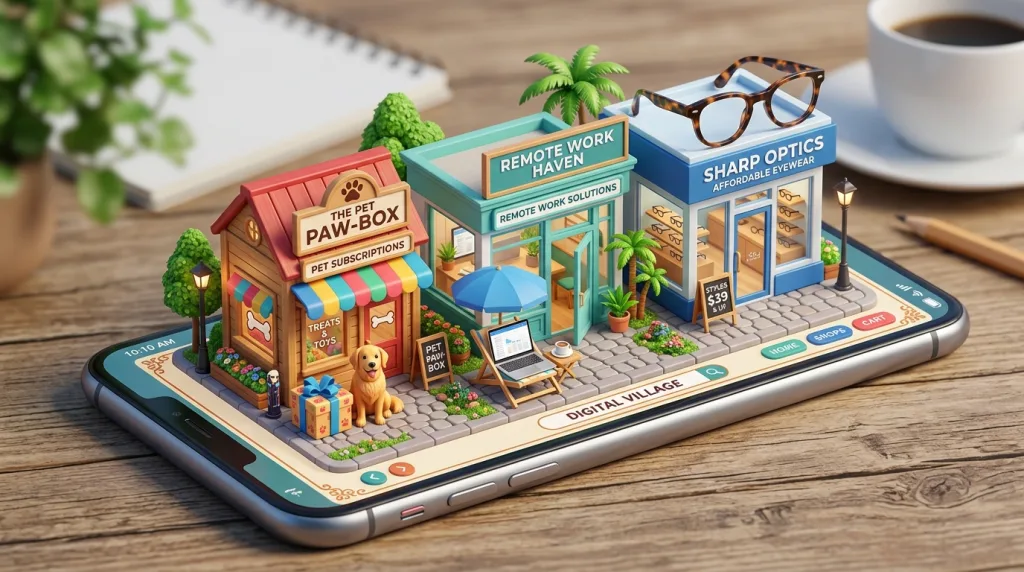 Isometric illustrations of successful niche business models including dog subscription boxes, digital nomad resources, and eyewear.