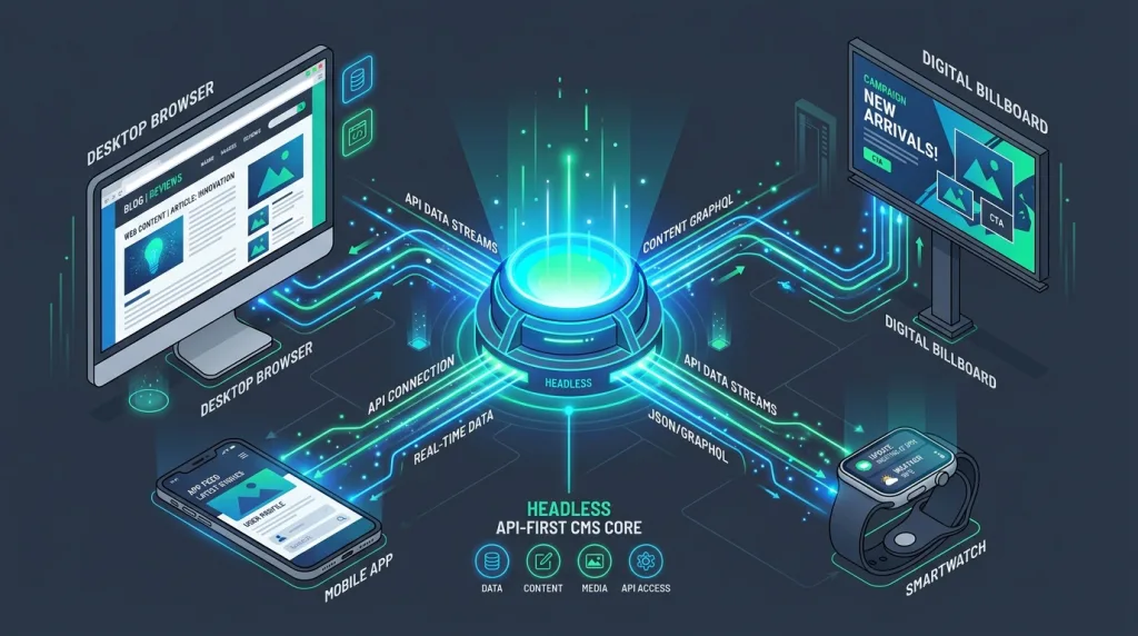 Headless CMS hub distributing content via APIs to mobile apps, websites, smartwatches, and digital screens.