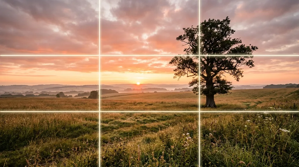 Landscape photograph overlaid with a rule of thirds grid showing off center subject placement
