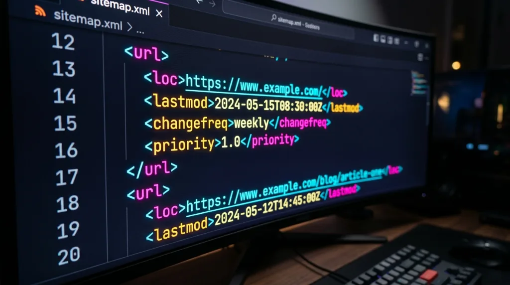 Macro view of a computer monitor displaying standard XML sitemap code structure in a dark-mode editor.