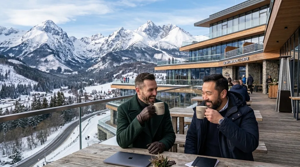 Marketing professionals networking outdoors at a regional SEO summit with a mountain backdrop.