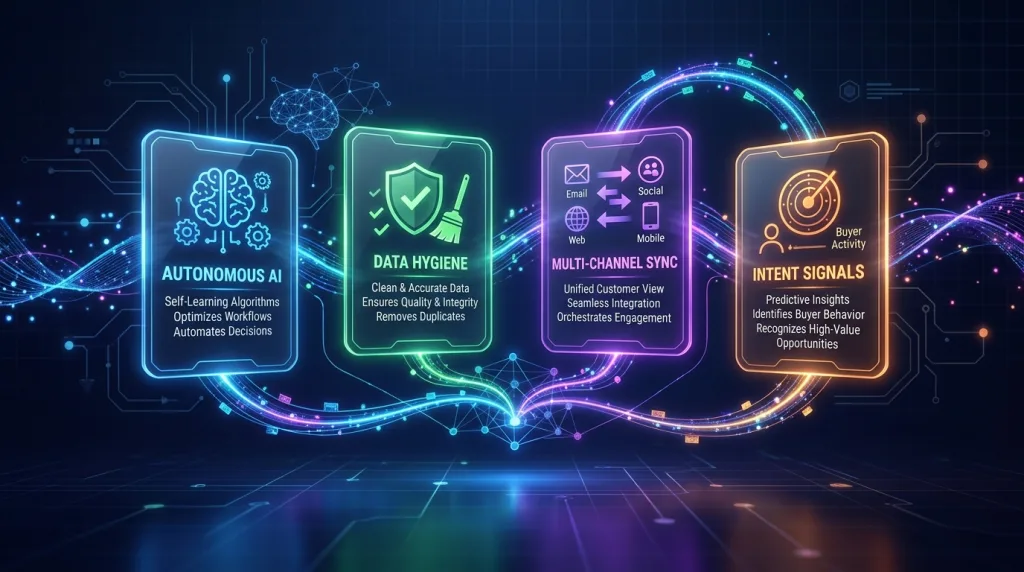Infographic displaying the core features of modern B2B lead generation tools including AI workflows and intent signals.