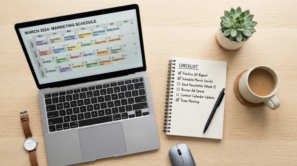 Monthly link building workflow calendar and checklist for SEO strategy.