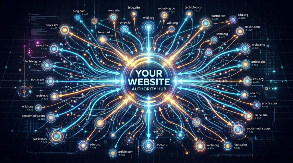 Network diagram illustrating how backlinks transfer domain authority between websites.
