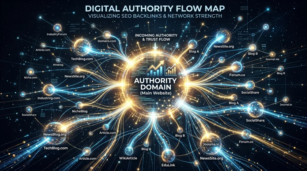 Network map illustration showing backlinks and authority signals connecting to a central website.