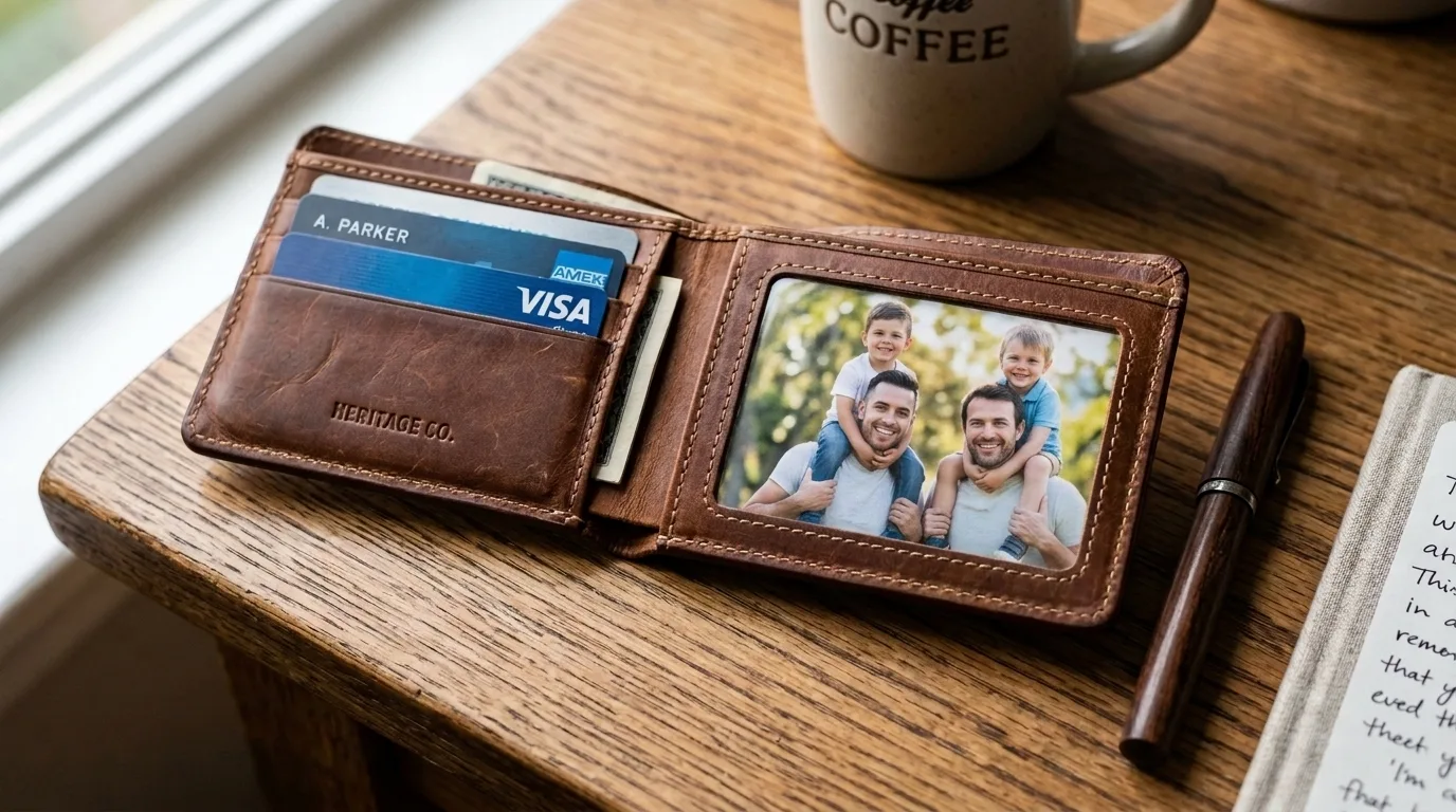 Open leather wallet displaying a perfectly sized family photo in the transparent card slot.