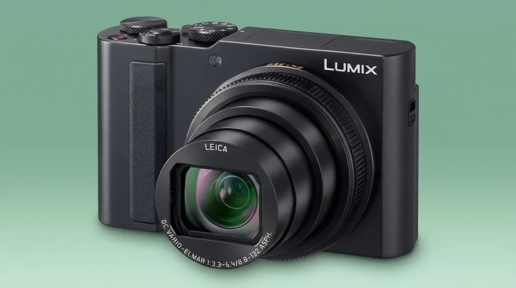 Panasonic Lumix TZ300 compact travel camera overlooking a mountain landscape