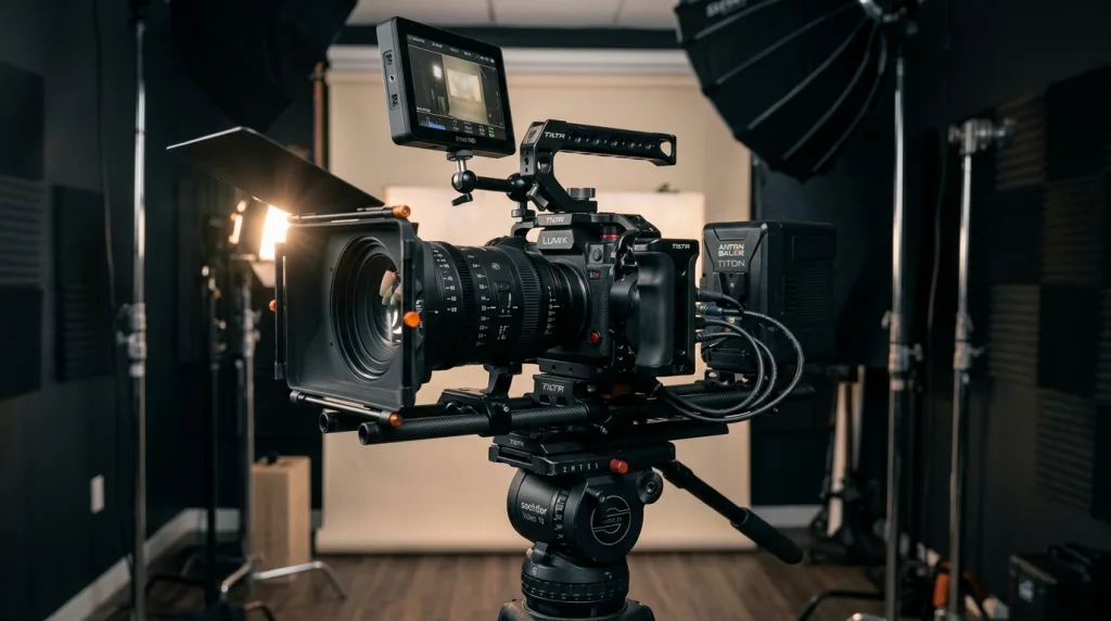 Panasonic Lumix camera mounted on a professional video rig for filmmaking.