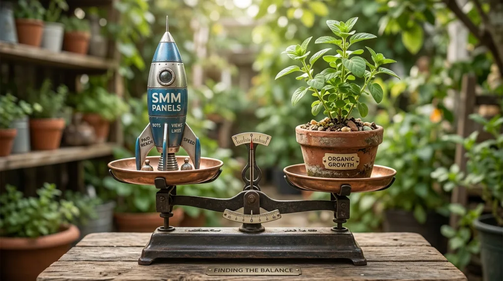 A scale balancing a rocket representing SMM panels with a plant representing organic growth.