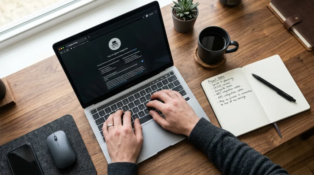 Person sitting at a desk conducting manual search engine research on a laptop.