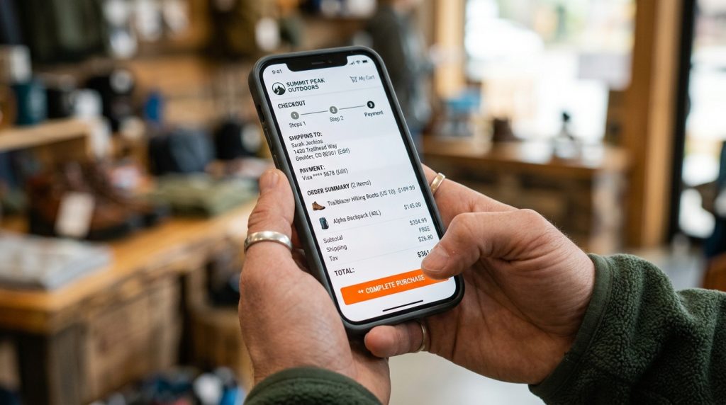 Person using a smartphone to navigate a seamless mobile checkout screen for an outdoor gear store.