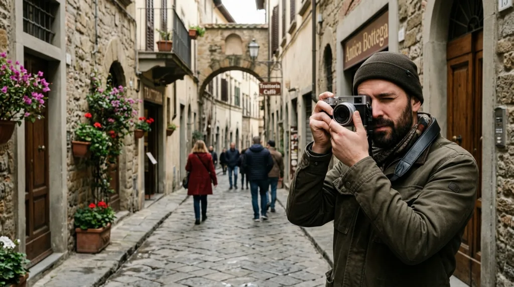 Photographer capturing a street photo with a silver retro Fujifilm X100VI camera