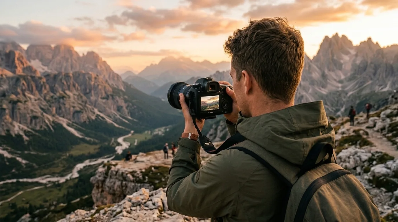 Photographer framing a beautiful landscape using a rule of thirds grid overlay.