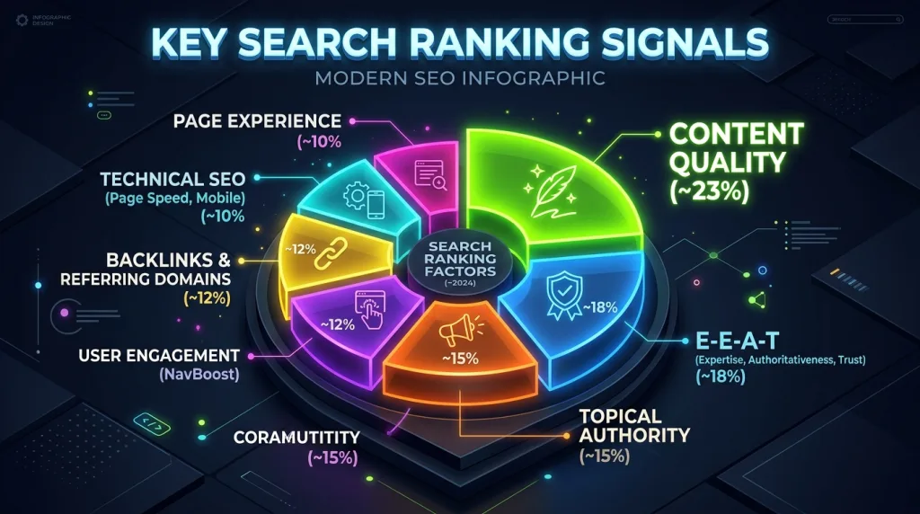 Pie chart showing the estimated weight of the most critical Google ranking factors including content quality and EEAT.