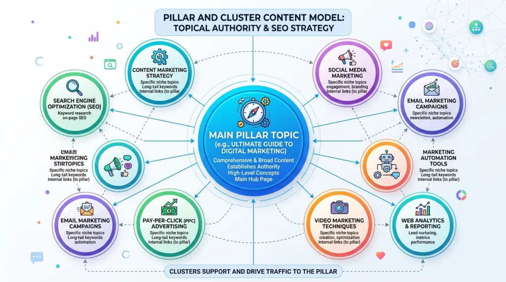Pillar and cluster content model diagram for structuring long-tail SEO pages.