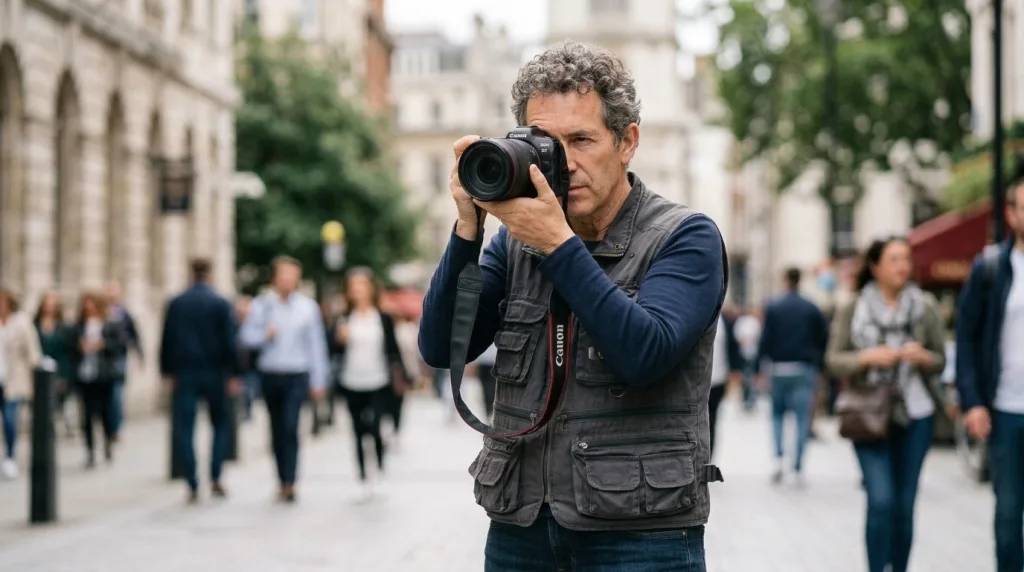 Professional photographer holding a Canon EOS R-series mirrorless camera.
