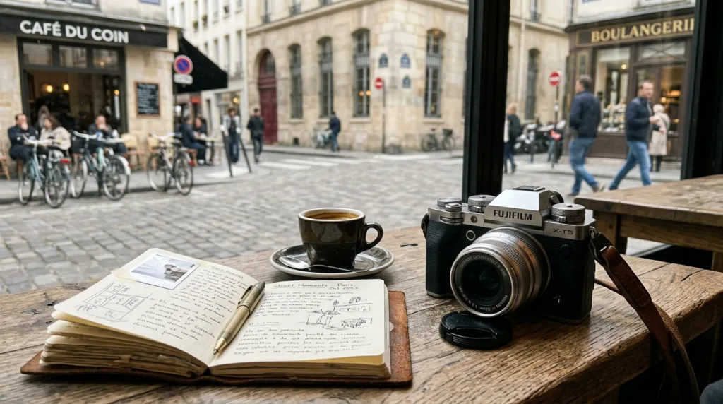 Retro-styled Fujifilm mirrorless camera resting on a cafe table.