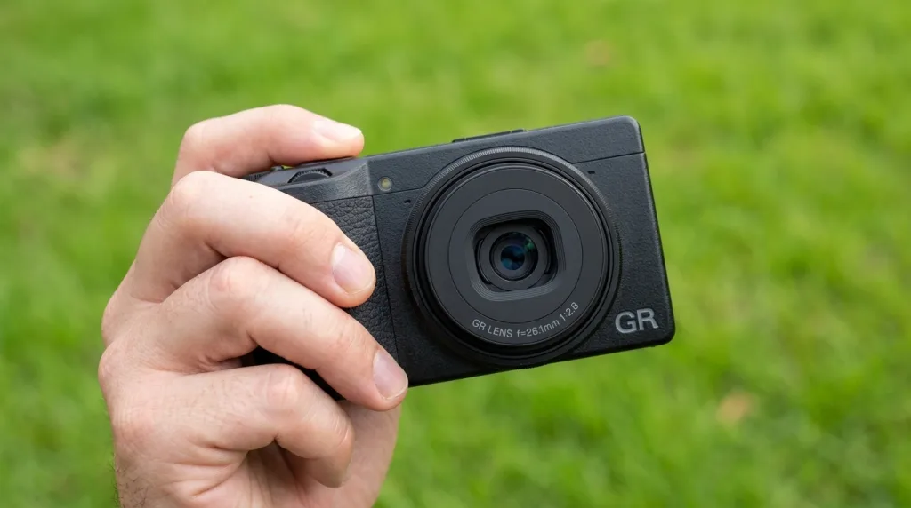 Ricoh GR III ultra-compact pocket camera being placed in a jacket pocket