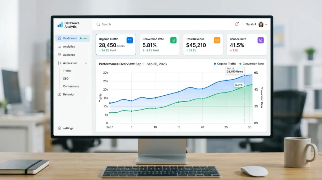 SEO analytics dashboard tracking organic traffic and conversion rates for long-tail pages.