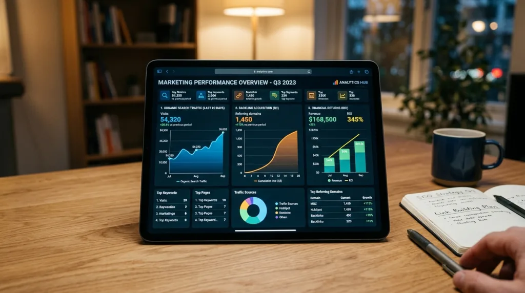 SEO analytics report dashboard showing positive return on investment from link building