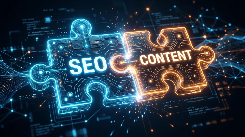 SEO and content marketing puzzle pieces connecting together for higher rankings