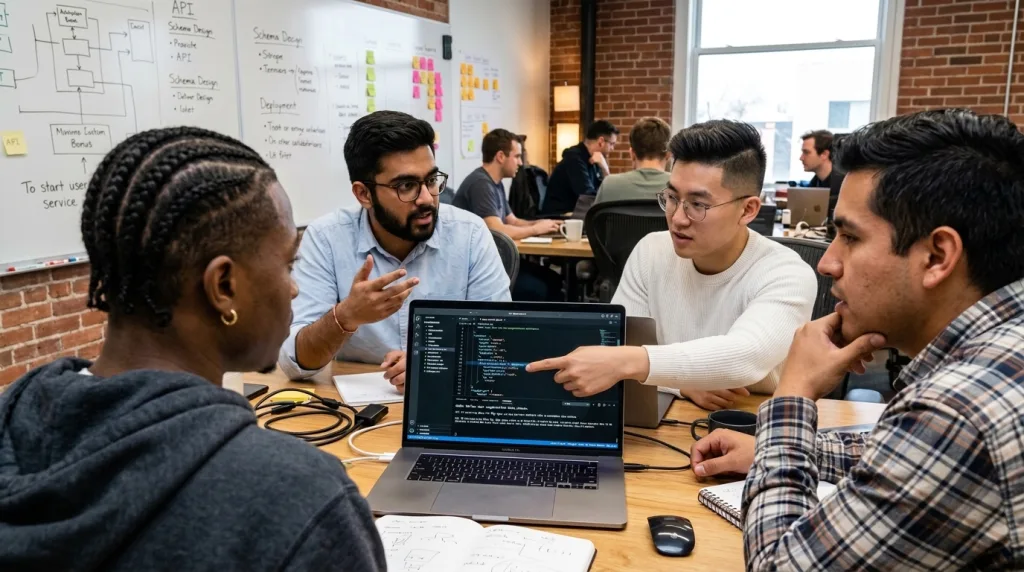 SEO experts collaborating on Generative Engine Optimization and AI strategies on a laptop.