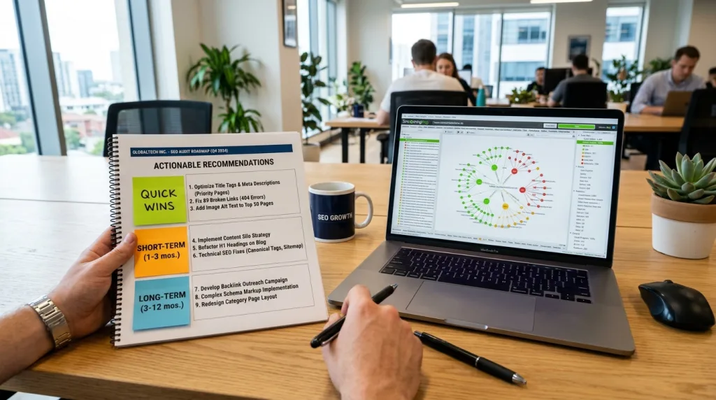 SEO technical audit deliverables including a crawl analysis report and prioritized action roadmap