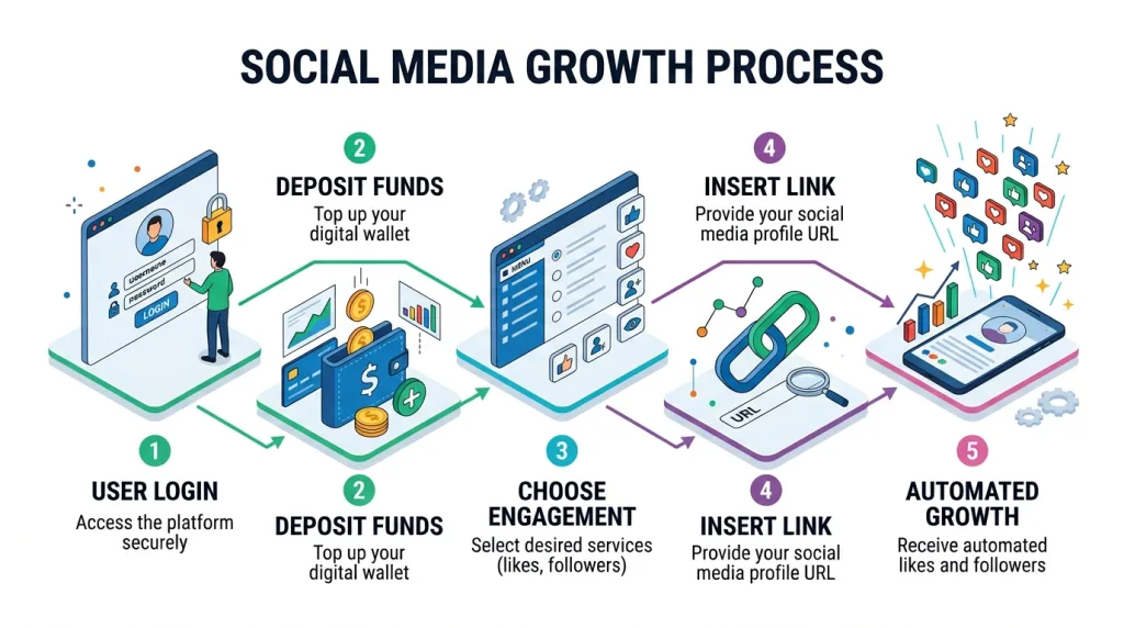 A 5-step infographic showing the workflow of using an SMM panel.