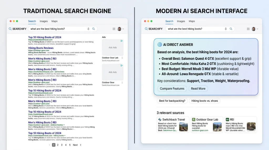 Side-by-side comparison of traditional blue link search results and modern direct answer boxes.