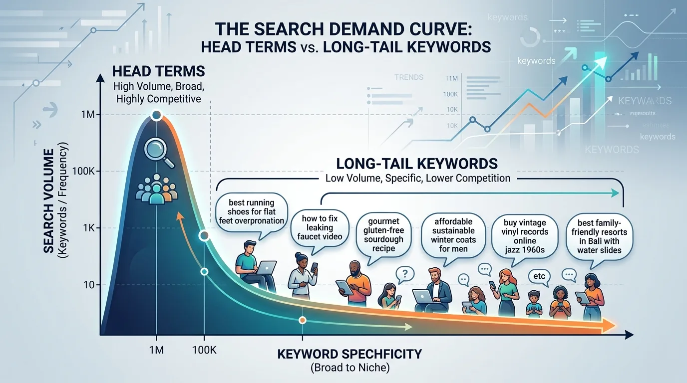 Search demand curve graph illustrating head terms versus long-tail SEO keywords.