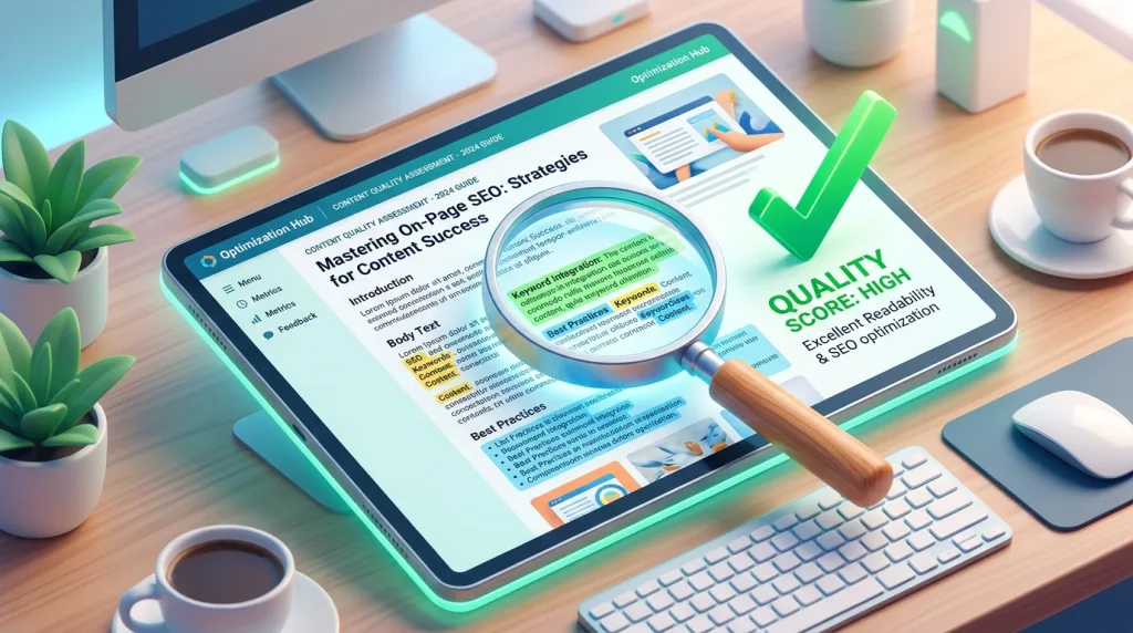 Search engine magnifying glass analyzing high-quality website content.
