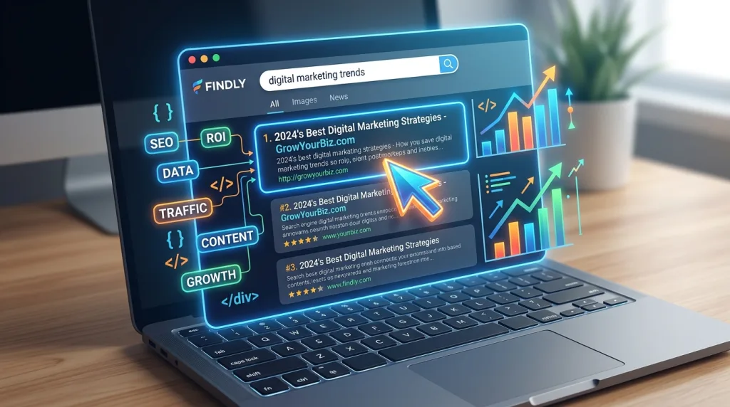 Search engine optimization concept showing high organic rankings and keyword targeting.