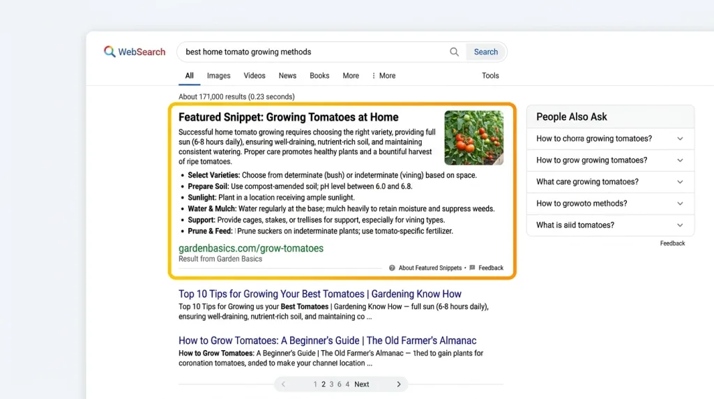 Search engine results page mockup highlighting a position zero featured snippet.